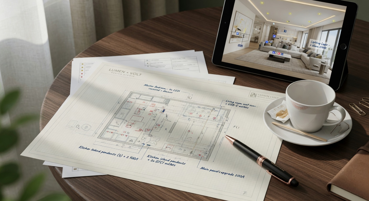 Detailed electrical and lighting plans during a Hive Consultants pre-electrical consultation
